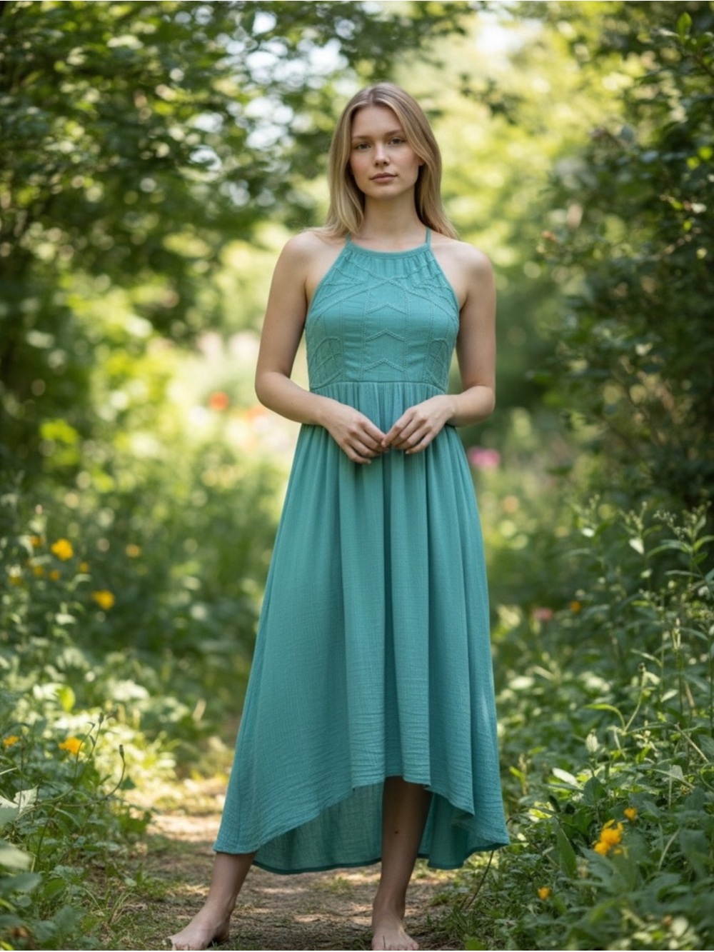 ModCloth Teal Green Halter Midi Dress Medium Leaf Detail Bodice